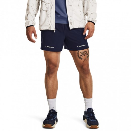 Męskie spodenki treningowe Under Armour Project Rock 5" Woven Short - granatowe ze sklepu Sportstylestory.com w kategorii Spodenki męskie - zdjęcie 161238047