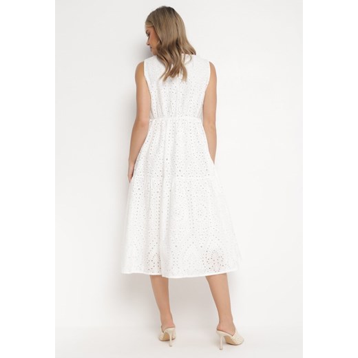 Sukienka biała Born2be midi z haftem z tkaniny z okrągłym dekoltem bez rękawów 