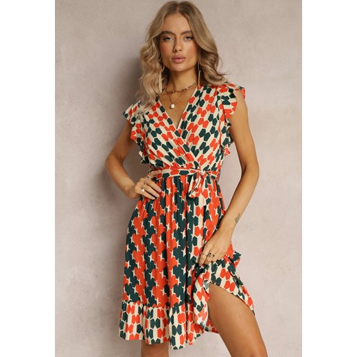 Pomarańczowa Midi Sukienka o Rozkloszowanym Fasonie w Geometryczny Wzór z Falbankami Airon ze sklepu Renee odzież w kategorii Sukienki - zdjęcie 161272185