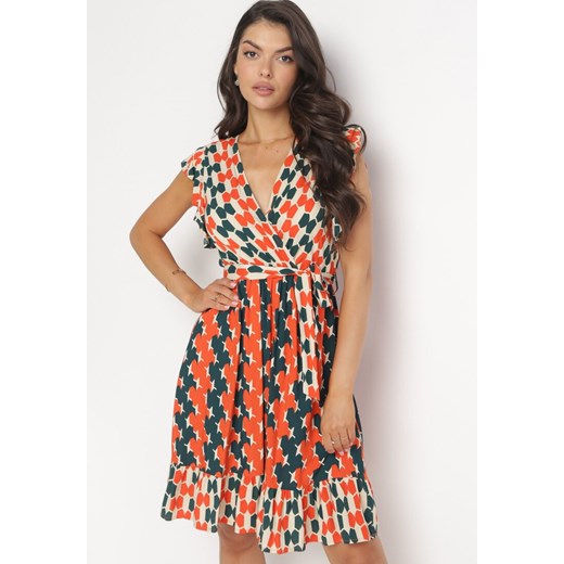 Pomarańczowa Rozkloszowana Midi Sukienka w Geometryczny Wzór z Gumką w Talii Elizzel ze sklepu Born2be Odzież w kategorii Sukienki - zdjęcie 161280878