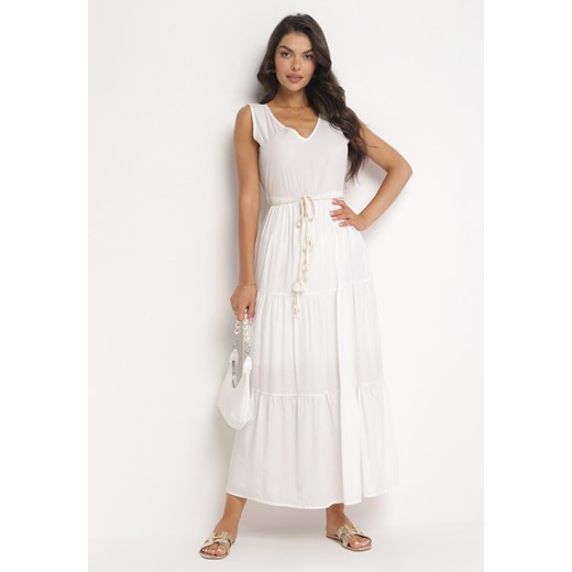 Biała Rozkloszowana Sukienka Maxi z Plecionym Sznurkiem w Talii Ralica ze sklepu Born2be Odzież w kategorii Sukienki - zdjęcie 161280958