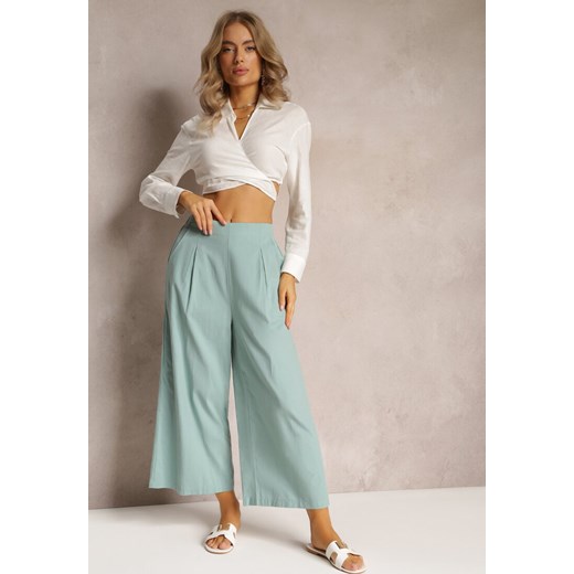 Zielone Szerokie Spodnie z Gumką w Pasie Vithan ze sklepu Renee odzież w kategorii Spodnie damskie - zdjęcie 161311406