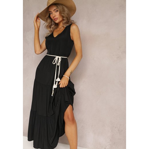 Czarna Sukienka Maxi o Rozkloszowanym Fasonie z Ozdobnym Sznurkiem i Trójkątnym Dekoltem Zornitsa ze sklepu Renee odzież w kategorii Sukienki - zdjęcie 161311426