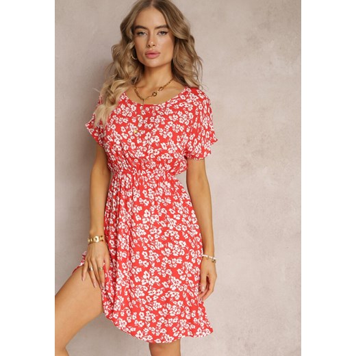 Czerwona Wiskozowa Mini Sukienka w Kwiatowy Print z Gumką w Pasie Frolia ze sklepu Renee odzież w kategorii Sukienki - zdjęcie 161322205