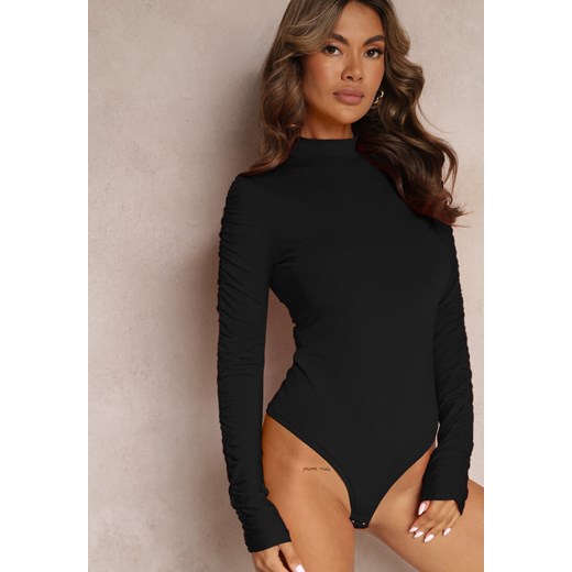 Czarne Body z Długimi Marszczonymi Rękawami Pinna ze sklepu Renee odzież w kategorii Bluzki damskie - zdjęcie 161331576
