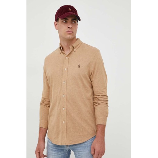 Polo Ralph Lauren koszula bawełniana męska kolor beżowy regular z kołnierzykiem button-down ze sklepu ANSWEAR.com w kategorii Koszule męskie - zdjęcie 161332156
