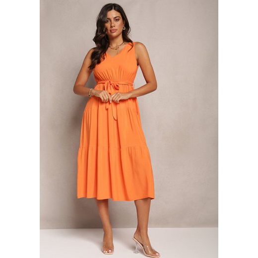 Pomarańczowa Wiązana Sukienka Midi bez Rękawów z Gumką w Talii Mideyo ze sklepu Renee odzież w kategorii Sukienki - zdjęcie 161349478