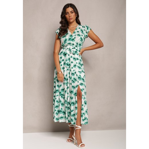 Zielona Rozkloszowana Sukienka Maxi w Kwiatowy Print z Gumką w Pasie Javiky ze sklepu Renee odzież w kategorii Sukienki - zdjęcie 161349497