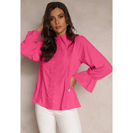 Różowa Wiskozowa Bluzka Ozdobiona Koronkowymi Tasiemkami z Długim Rękawem Renee XL promocyjna cena Renee odzież