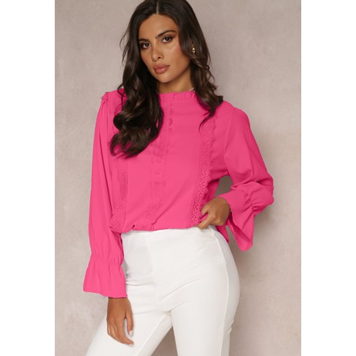 Różowa Wiskozowa Bluzka Ozdobiona Koronkowymi Tasiemkami z Długim Rękawem Renee XL Renee odzież okazja