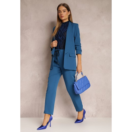 Granatowe Spodnie Regular z Gumką w Pasie Amame Renee S Renee odzież wyprzedaż