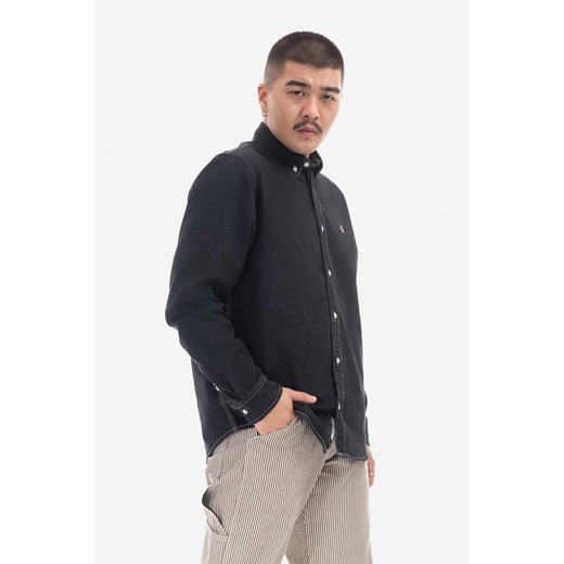 Carhartt WIP koszula jeansowa Weldon Shirt męska kolor czarny relaxed z kołnierzykiem button-down I031928-BLUESTONE ze sklepu PRM w kategorii Koszule męskie - zdjęcie 161411347
