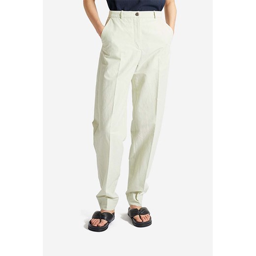 Wood Wood spodnie z domieszką lnu Courtney Mini Stripe Trousers kolor zielony proste high waist 12211600.5291-PASTELG ze sklepu PRM w kategorii Spodnie damskie - zdjęcie 161416955