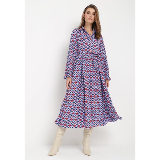 Niebiesko-Czerwona Rozkloszowana Sukienka Koszulowa w Geometryczny Print Larissam ze sklepu Born2be Odzież w kategorii Sukienki - zdjęcie 161420335
