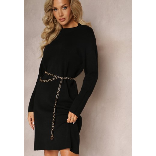 Czarna Sukienka Sweterkowa z Łańcuszkowym Paskiem Claranett ze sklepu Renee odzież w kategorii Sukienki - zdjęcie 161424257