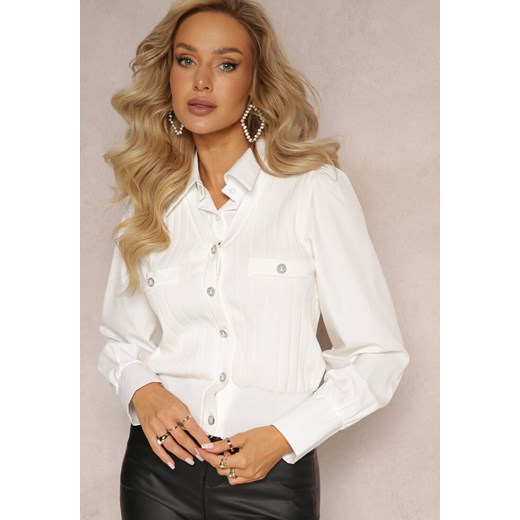 Biała Koszula z Ozdobnymi Guzikami i Kołnierzykiem Olisola ze sklepu Renee odzież w kategorii Koszule damskie - zdjęcie 161442135