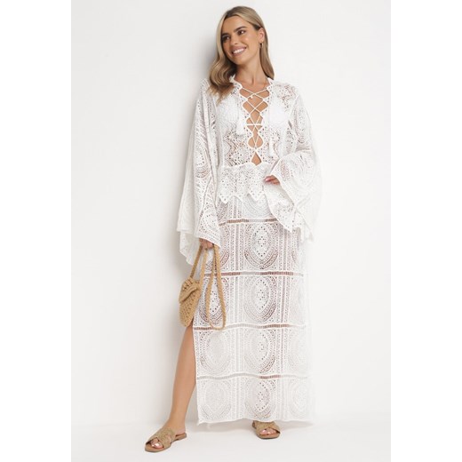 Biała Szydełkowa Sukienka Maxi z Wiązaniem Vaskoppe ze sklepu Born2be Odzież w kategorii Sukienki - zdjęcie 161446058