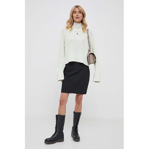 Calvin Klein Jeans sweter bawełniany kolor zielony ciepły z golfem S ANSWEAR.com