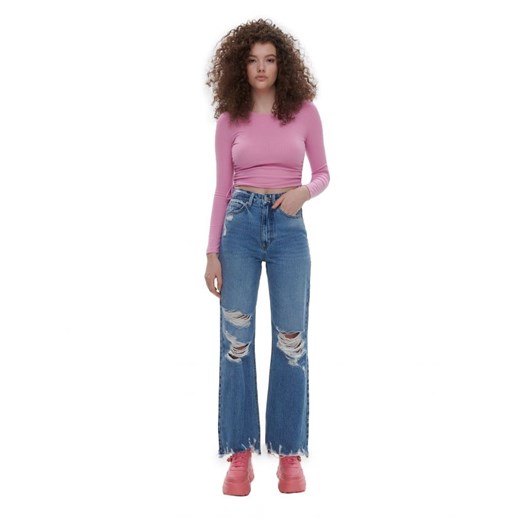 Cropp - Jeansy wide leg z przetarciami - niebieski Cropp 38 okazja Cropp