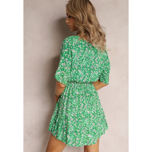 Zielona Rozkloszowana Sukienka Mini z Wiskozy Ozdobiona Falbanką z Gumką w Talii Renee L Renee odzież okazyjna cena
