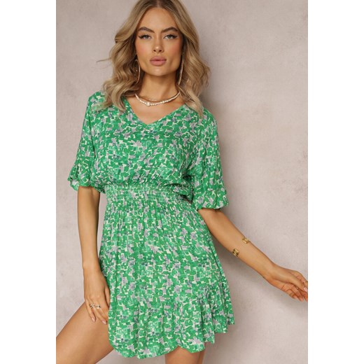 Zielona Rozkloszowana Sukienka Mini z Wiskozy Ozdobiona Falbanką z Gumką w Talii Renee M okazyjna cena Renee odzież