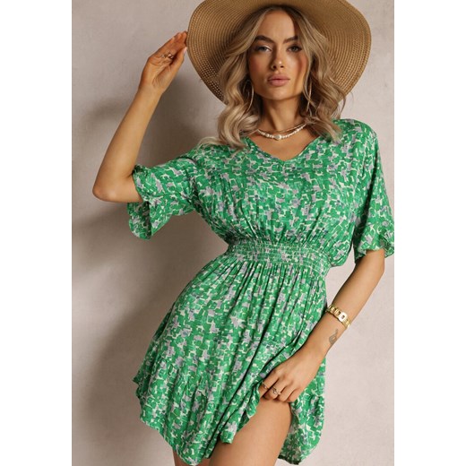 Zielona Rozkloszowana Sukienka Mini z Wiskozy Ozdobiona Falbanką z Gumką w Talii Renee L promocja Renee odzież