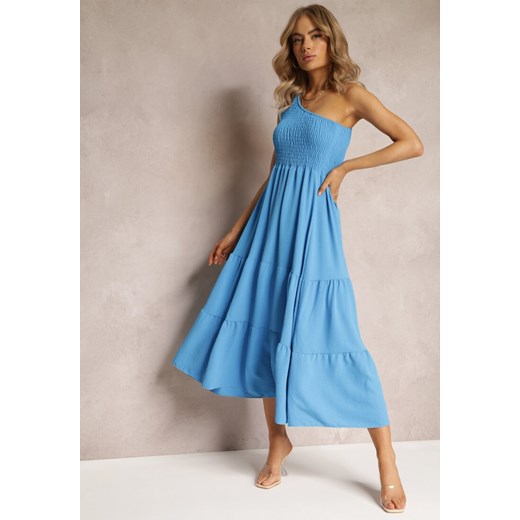 Niebieska Sukienka Maxi na Jedno Ramię o Rozkloszowanym Asymetrycznym Kroju z Falbanką Kalphus ze sklepu Renee odzież w kategorii Sukienki - zdjęcie 161471429