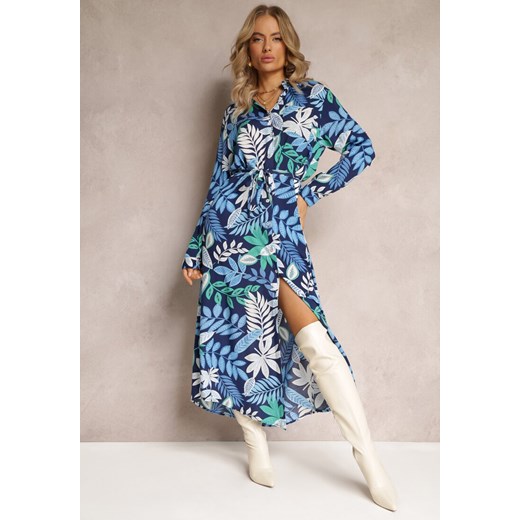 Granatowa Sukienka Maxi z Wiskozy w Kwiatowy Print o Koszulowym Fasonie z Paskiem Carolles ze sklepu Renee odzież w kategorii Sukienki - zdjęcie 161561546