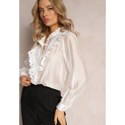 Biała Koszula na Guziki z Ozdobną Koronką Raneem ze sklepu Renee odzież w kategorii Koszule damskie - zdjęcie 161561605