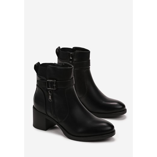 Czarne Botki na Obcasie Słupkowym Zapinane na Suwak Ozdobione Paskiem z Klamrą 37 born2be.pl okazja