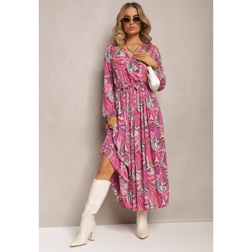 Ciemnoróżowa Plisowana Sukienka z Kopertowym Dekoltem i Wzorem Paisley Olanetta ze sklepu Renee odzież w kategorii Sukienki - zdjęcie 161633657