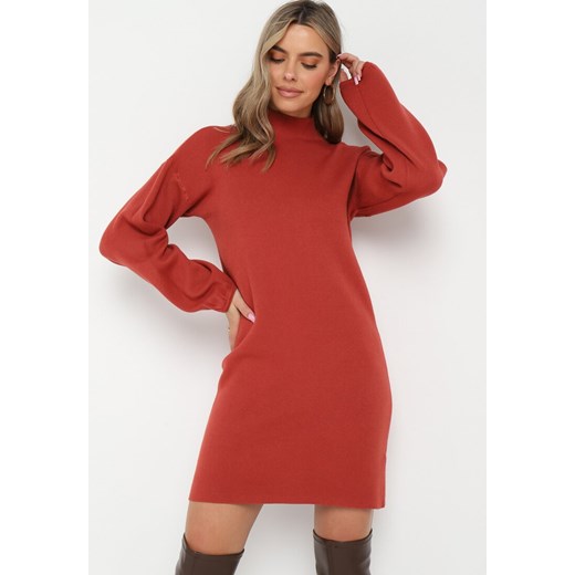 Czerwona Sweterkowa Sukienka Mini z Gładkiej Dzianiny Narel ze sklepu Born2be Odzież w kategorii Sukienki - zdjęcie 161655417