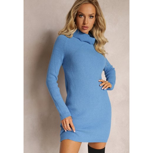 Niebieska Pudełkowa Sukienka Dzianinowa z Golfem Fnanella ze sklepu Renee odzież w kategorii Sukienki - zdjęcie 161656095