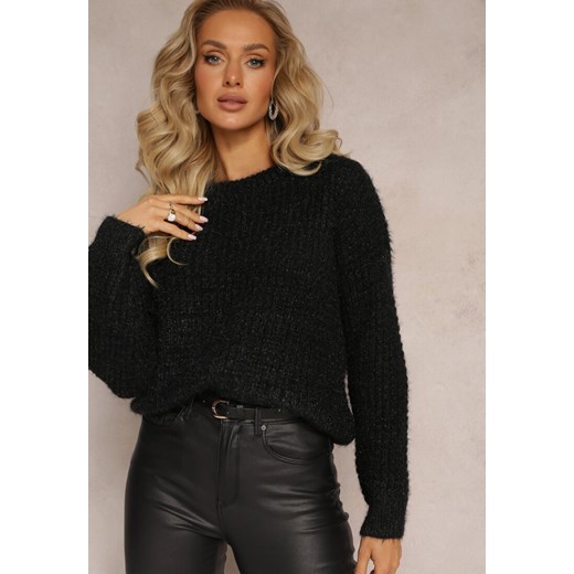 Czarny Sweter z Miękkiej Dzianiny z Warkoczykowym Splotem Eleana ze sklepu Renee odzież w kategorii Swetry damskie - zdjęcie 161667126