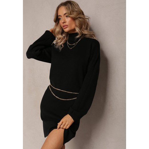 Czarna Sukienka Mini Sweterkowa z Luźnymi Rękawami Falis ze sklepu Renee odzież w kategorii Sukienki - zdjęcie 161667158