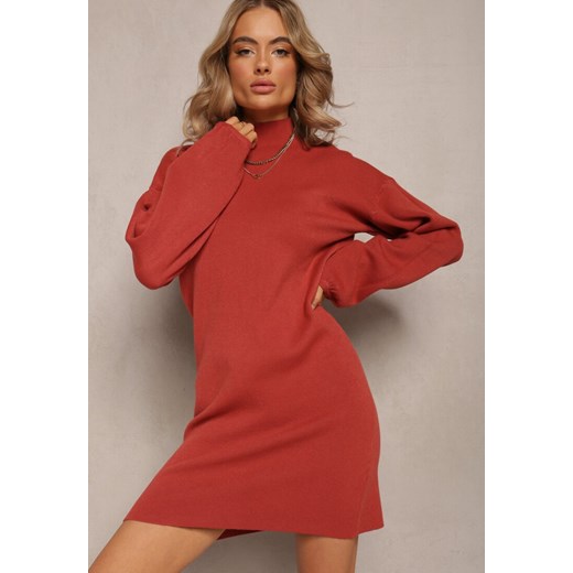 Czerwona Sukienka Mini Sweterkowa z Luźnymi Rękawami Falis ze sklepu Renee odzież w kategorii Sukienki - zdjęcie 161667168