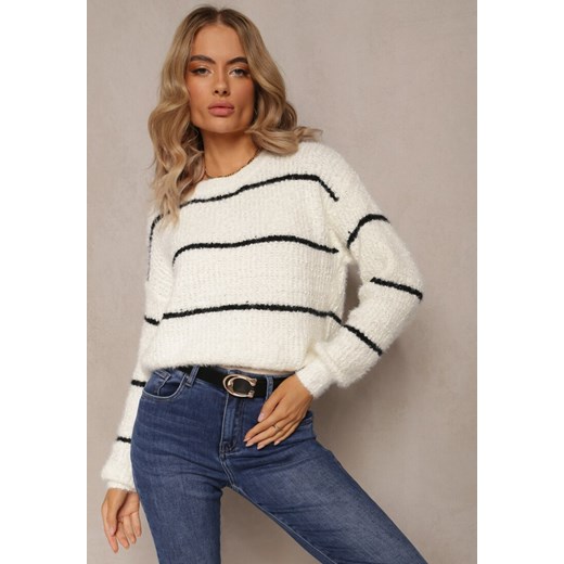 Biały Puchaty Sweter z Bawełną i Wełną w Cienkie Paski Zepirane Renee S wyprzedaż Renee odzież