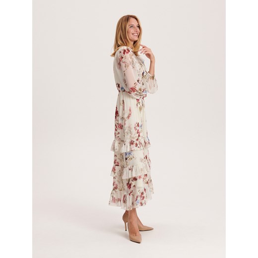 Sukienka Reserved z okrągłym dekoltem boho z długim rękawem rozkloszowana 