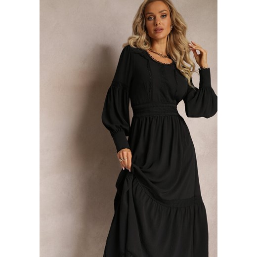 Czarna Maxi Sukienka o Rozkloszowanym Kroju z Ozdobną Koronką i Mankietami Kante Renee M/L Renee odzież promocja
