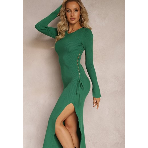 Zielona Midi Prążkowana Sukienka z Rozcięciem i Wiązaniami po Bokach Celetila ze sklepu Renee odzież w kategorii Sukienki - zdjęcie 161695185