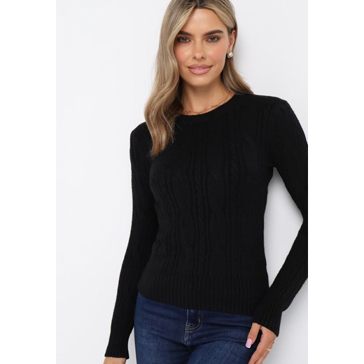 Czarny Sweter w Warkoczykowy Splot Asmani ze sklepu Born2be Odzież w kategorii Swetry damskie - zdjęcie 161696896