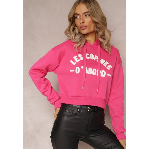 Różowa Dzianinowa Bluza z Nadrukiem i Kapturem Faminese ze sklepu Renee odzież w kategorii Bluzy damskie - zdjęcie 161772297