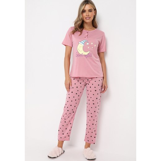 Różowy Komplet Piżamowy Koszulka z Krótkim Rękawem i Nadrukiem i Spodnie na Gumce Fagiro ze sklepu Born2be Odzież w kategorii Piżamy damskie - zdjęcie 161853625