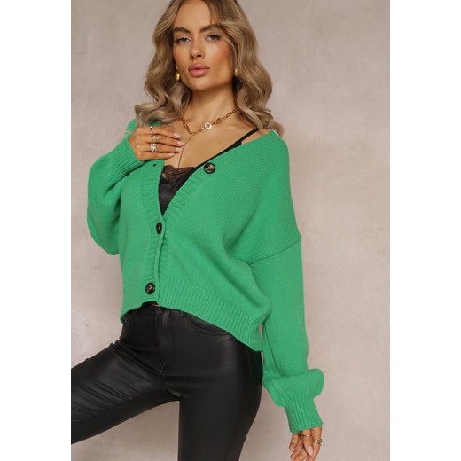 Zielony Klasyczny Kardigan ze Sweterkowego Materiału Zapinany na Guziki Silome ze sklepu Renee odzież w kategorii Swetry damskie - zdjęcie 161860996
