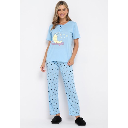 Jasnoniebieski Komplet Piżamowy Koszulka z Krótkim Rękawem i Nadrukiem i Spodnie na Gumce Fagiro ze sklepu Born2be Odzież w kategorii Piżamy damskie - zdjęcie 161864127