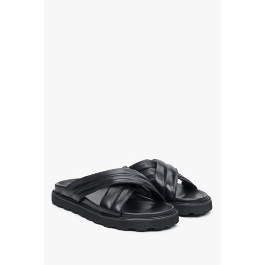 Estro: Czarne skórzane klapki męskie z paskami na krzyż Estro 41 okazja Estro