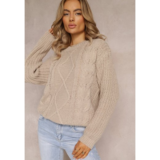 Beżowy Sweter o Klasycznym Fasonie z Modnym Splotem Siloma ze sklepu Renee odzież w kategorii Swetry damskie - zdjęcie 161933427