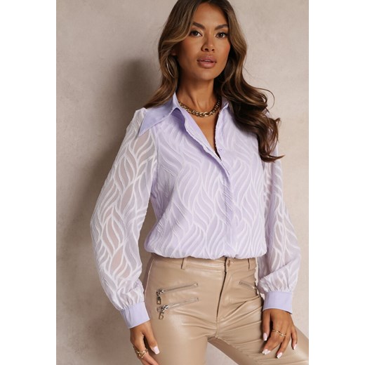 Fioletowa Koszula na Guziki z Tkaniny Plumeti Rilefa ze sklepu Renee odzież w kategorii Koszule damskie - zdjęcie 161953629