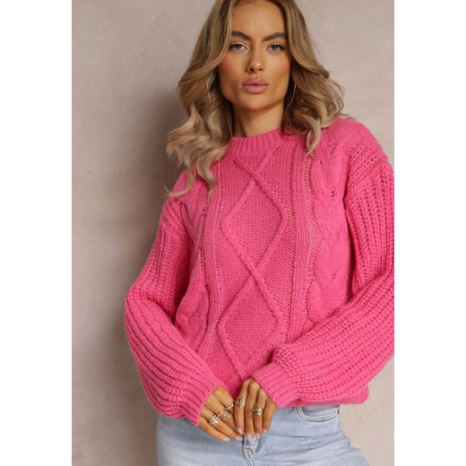 Fuksjowy Klasyczny Sweter z Modnym Splotem Wykończony Ściągaczami Viala ze sklepu Renee odzież w kategorii Swetry damskie - zdjęcie 161953779