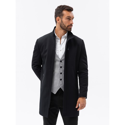 Męski płaszcz ze stójką i pikowaną podszewką - czarny V1 OM-COWC-0103 ze sklepu ombre w kategorii Płaszcze męskie - zdjęcie 161954475